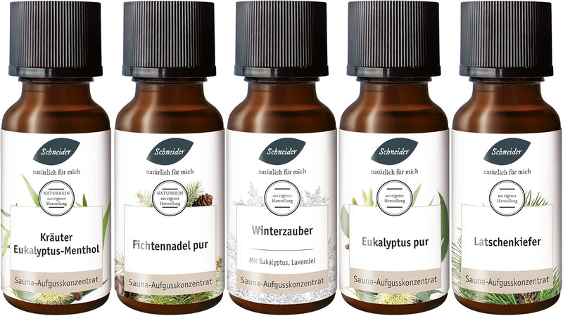 Saunabedarf Schneider - Aufgussset refresh your mind - 5 x 20 ml Inhalt - waldig-frischer Saunaaufgu