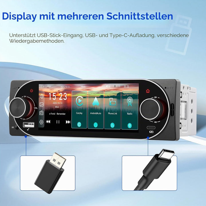 CAMECHO Autoradio 1 Din Wireless Carplay Android Auto Radio Bluetooth 5.2 mit Rückfahrkamera, 5.1 Zo