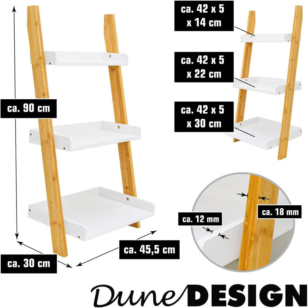 DuneDesign 3 Fächer Bambus Leiterregal - 45x90 Holz Leiter - Badezimmer Regal Deko Treppe Bad Ablage