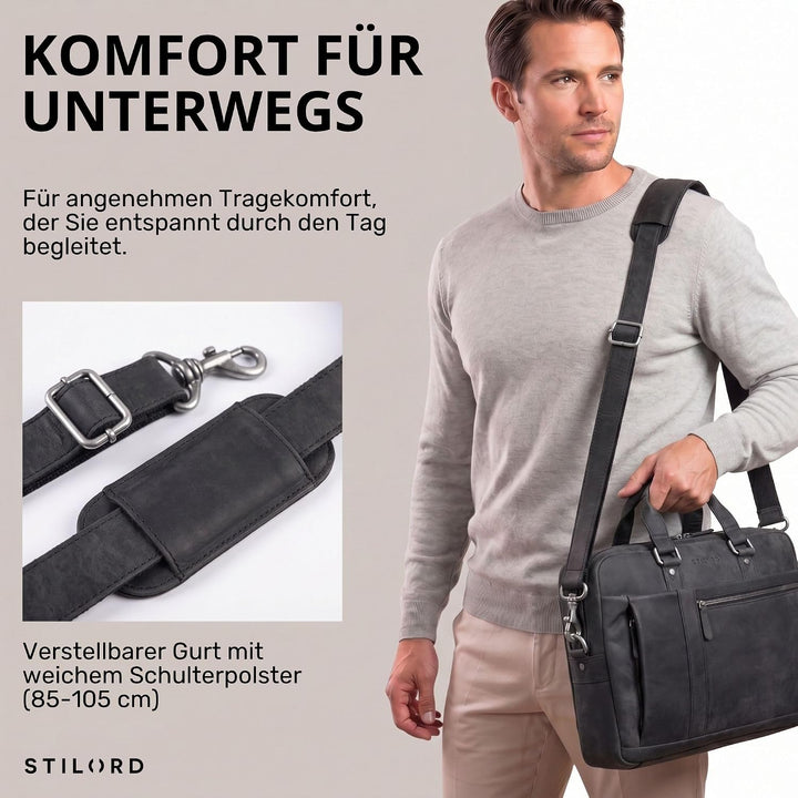 STILORD 'Nico' Grosse Businesstasche aus Hochwertigem Leder für 15.6 Zoll Laptop, Farbe:carbon - gra