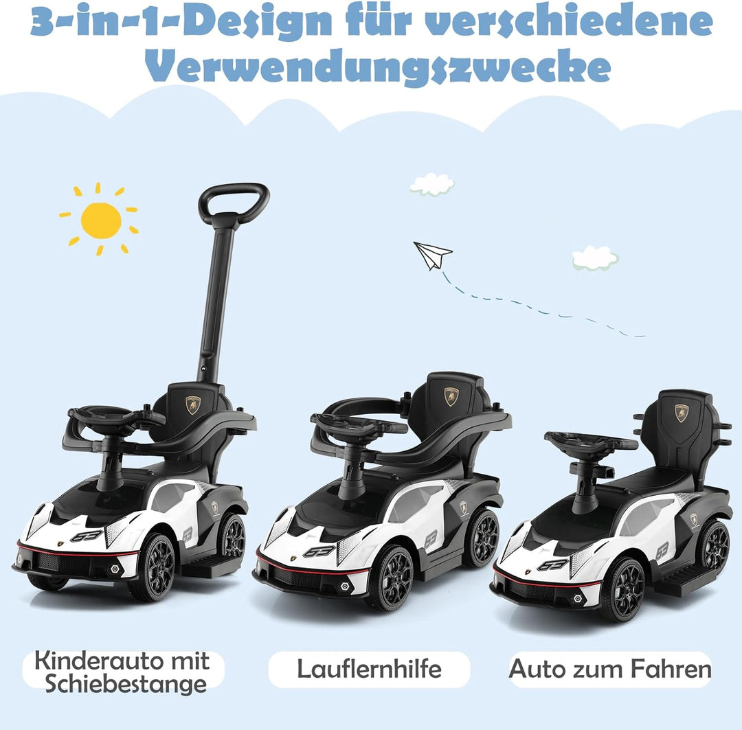 GOPLUS Rutschauto Lamborghin, 3 in 1 Rutschfahrzeug mit Schiebegriff, Schutzgeländer, Stauraum unter