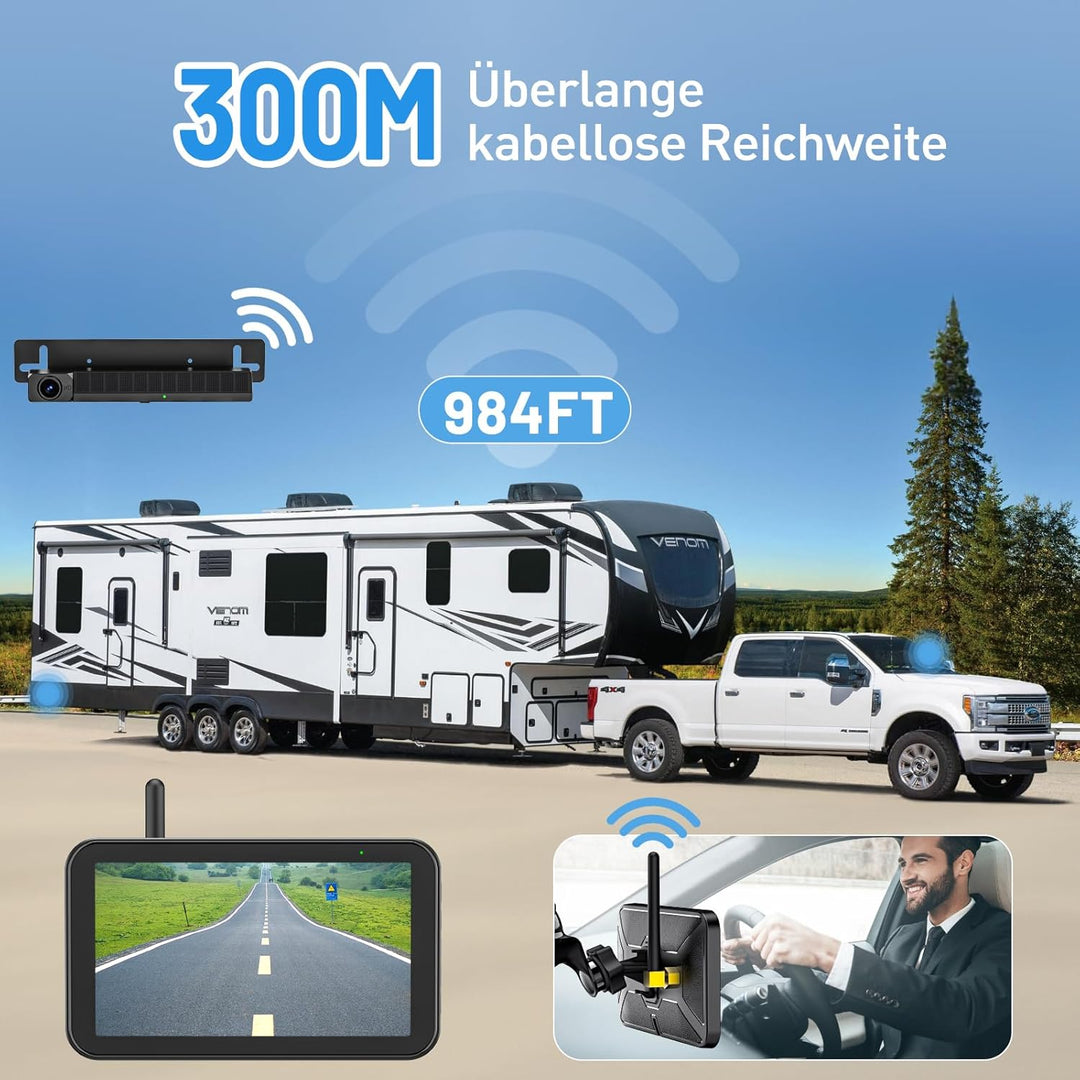 Solar Rückfahrkamera Kabellos, 5" Digital Rückfahrkamera Set 1080P Monitor, mit eingebautem Funksend