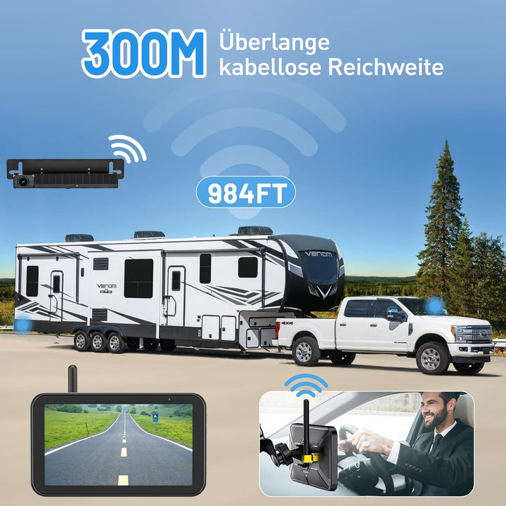 Solar Rückfahrkamera Kabellos, 5" Digital Rückfahrkamera Set 1080P Monitor, mit eingebautem Funksend
