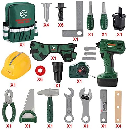 deAO Werkzeugkoffer Kinder, Werkzeug Spielzeug Set mit Elektrische Bohrmaschine, Rucksack, Helm und