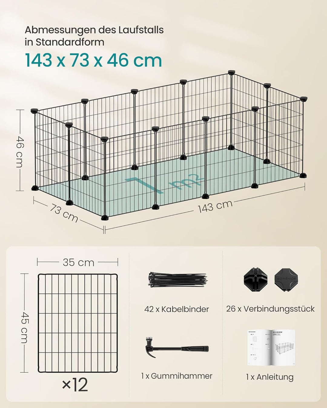 SONGMICS Freilauf, DIY-Kleintiergehege, Kleintierkäfig, Welpenauslauf, Kaninchen, Meerschweinchen, M