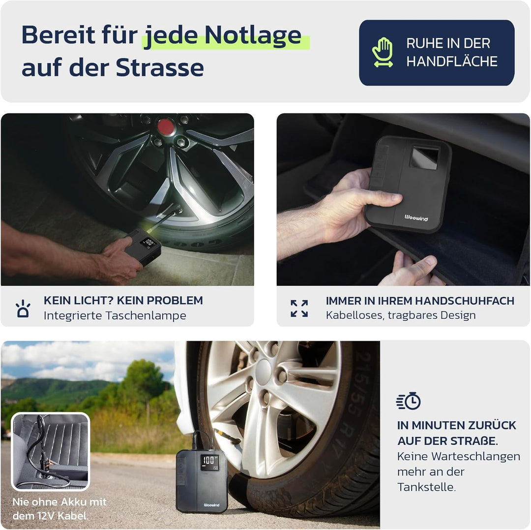 Woowind Akku Kompressor, Elektrische Luftpumpe Auto und Fahrradpumpe elektrisch, 150 PSI, inkl. Pres