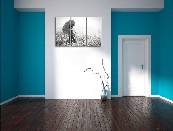 Pixxprint Geisha auf dem Feld Kunst Kohle Effekt 3-Teiler Leinwandbild 120x80 Bild auf Leinwand