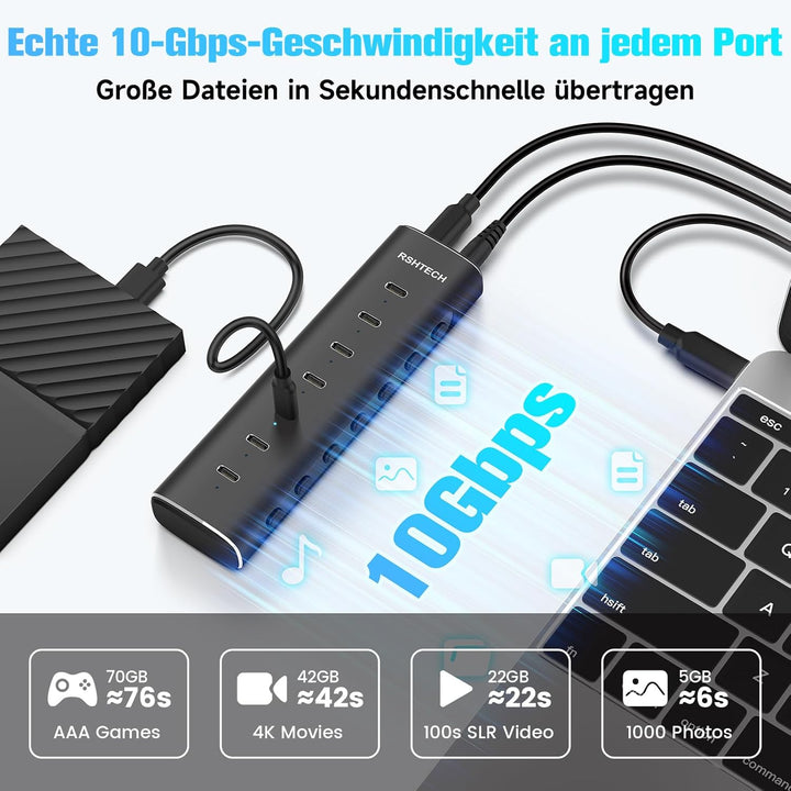 RSHTECH Alle 7 Anschlüsse sind USB-C Hub 3.2 mit Netzteil - Aktiver Verteiler 3.1 - Aktiv Schaltbaer