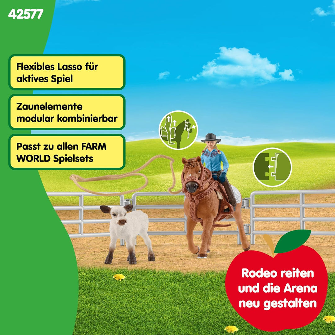 SCHLEICH Farm World | Westernreiten mit Cowgirl 42577 | Bauernhof Set mit Reiterin, Pferd, Kuh sowie