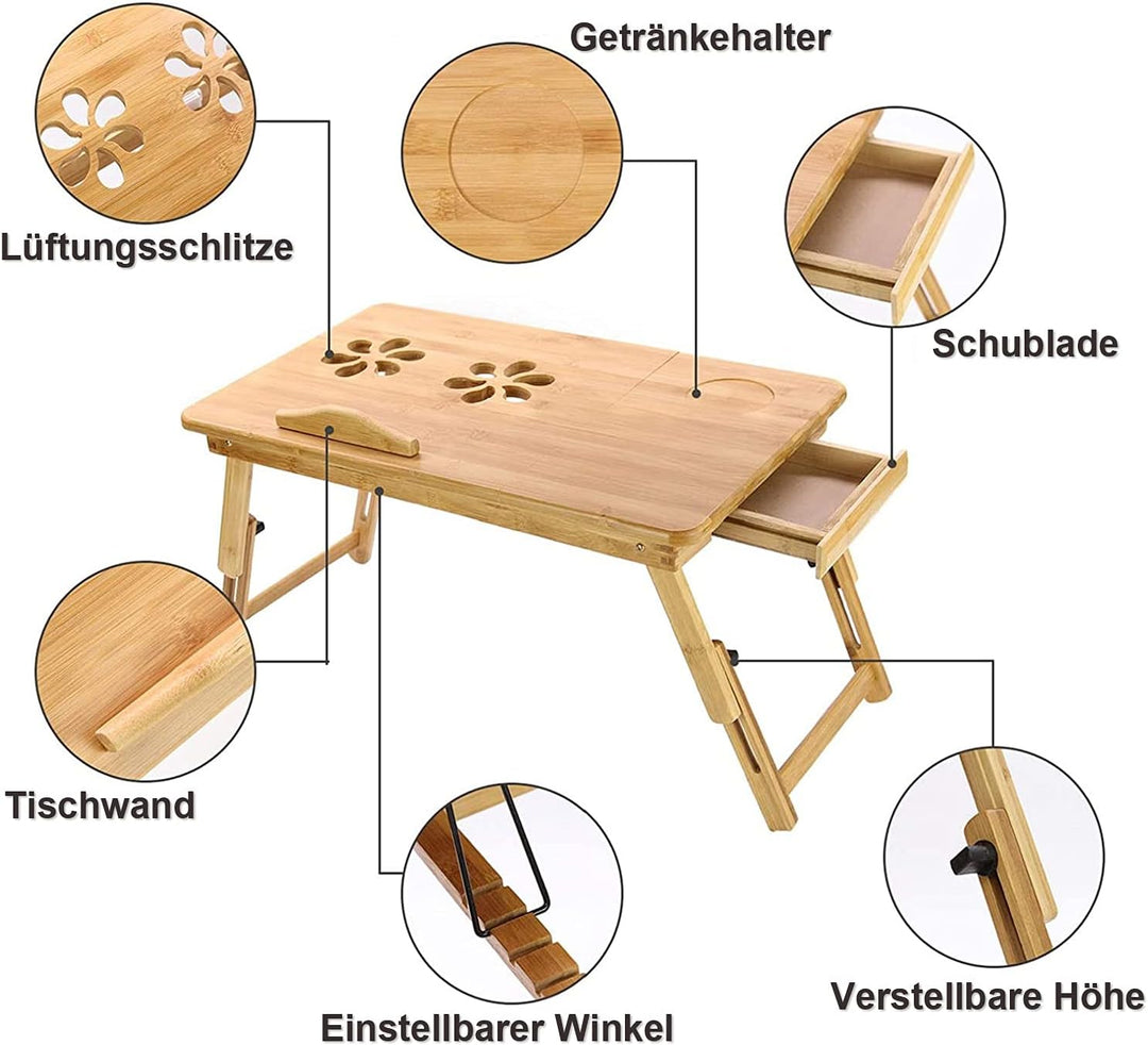Trintion Frühstückstablett Fürs Bett 50x30cm Bett Tabletttisch mit Lüftungslöchern mit Schublade Kni