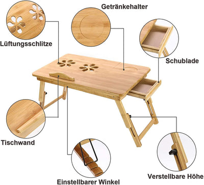 Trintion Frühstückstablett Fürs Bett 50x30cm Bett Tabletttisch mit Lüftungslöchern mit Schublade Kni