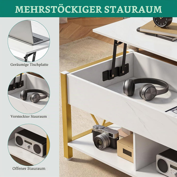 YITAHOME Höhenverstellbarer Couchtisch im Industrie-Design mit verstecktem Stauraum &amp; Ablage, Multif