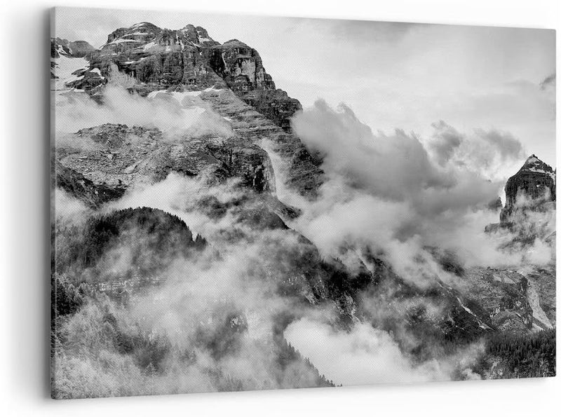 Bilder auf Leinwand 100x70cm Leinwandbild mit Rahmen Berge Nebel Gipfel Gross Wanddeko Bild Schlafzi