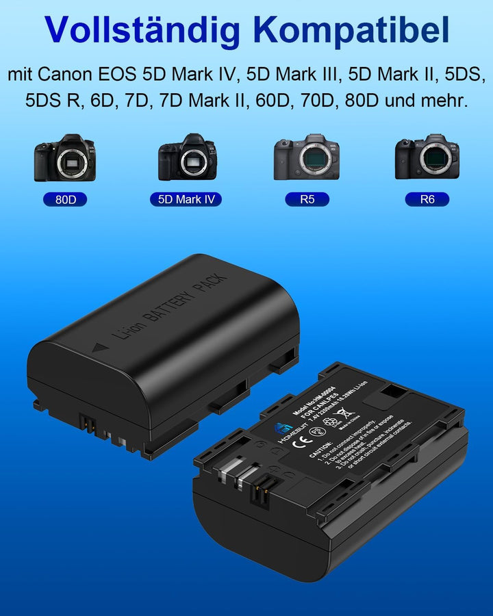 Homesuit LP-E6 LP-E6N Akku und USB Dual Ladegerät für Canon 5D Mark II III IV, 5Ds, 6D, 70D, 80D und