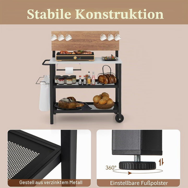 KOMFOTTEU Grillwagen mit klappbarer Tischplatte, Outdoor Servierwagen mit Haken, Handtuchhalter, Mül