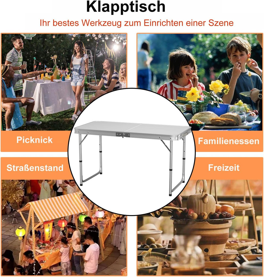 Campingtisch Klapptisch 120x60cm Höhenverstellbar 55/62/70cm, Leicht & Kompakt Klapptisch mit Alumin