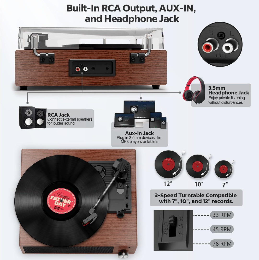 FYDEE Plattenspieler, Bluetooth 5.4 Schallplattenspieler mit Einstellbarer Auflagekraft, 2x3W Stereo