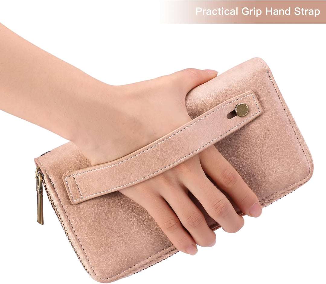 GAEKEAO Geldbörse Damen Gross, Portemonnaie Damen Veganes Leder Doppel Reissverschluss Kreditkartene