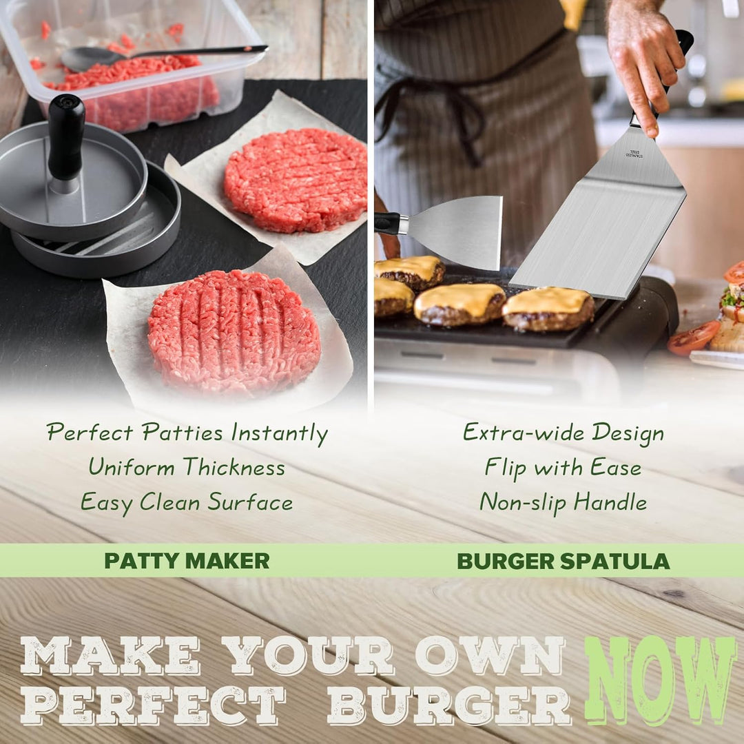 Smash Burger Set 5-TLG, Grillspachtel Set aus Edelstahl für Grillplatte Teppanyaki, Plancha Grill Zu