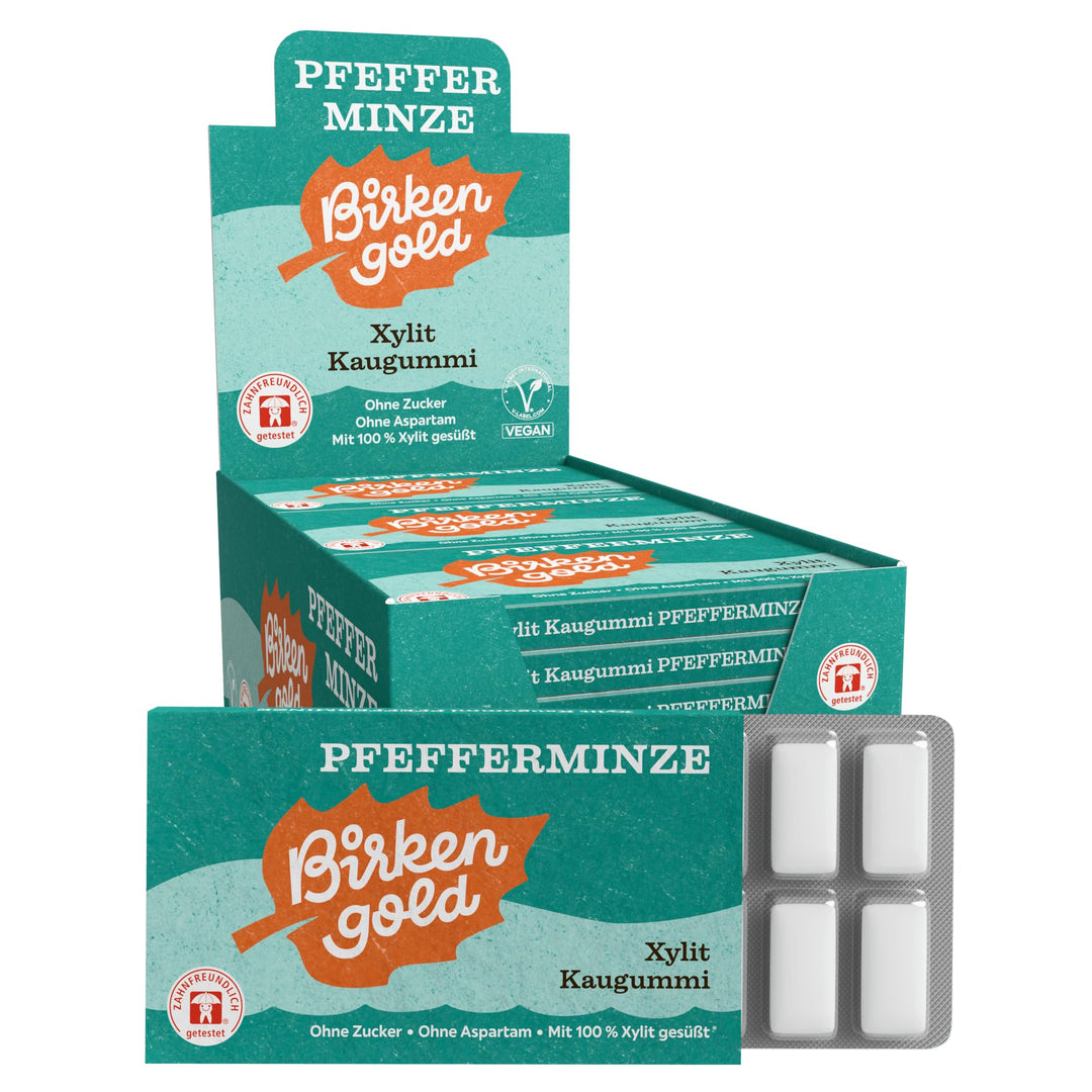 Birkengold Xylit Kaugummi Pfefferminze | 24 Stk. Blister | Zahnpflege-Kaugummi | zuckerfrei | hoher