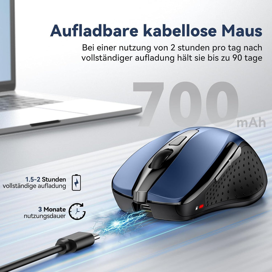 TechRise Bluetooth Maus, 2.4G Maus Kabellos (BT 5.0/3.0 + 2.4G) 4800 DPI Wiederaufladbare Ergonomisc