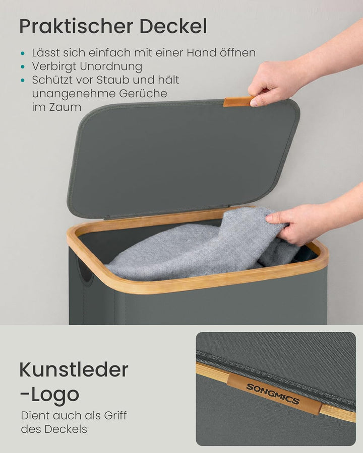SONGMICS Wäschekorb mit Deckel, Wäschesammler platzsparend, Oxford-Gewebe, zusammenklappbar, Bambusr