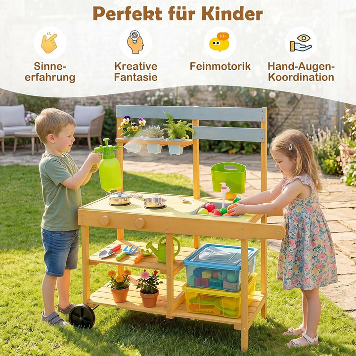 COSTWAY Matschküche Kinder Outdoor, Spielküche mit Wassertank &amp; Wasserhahn | Kinderküche mit Rädern,