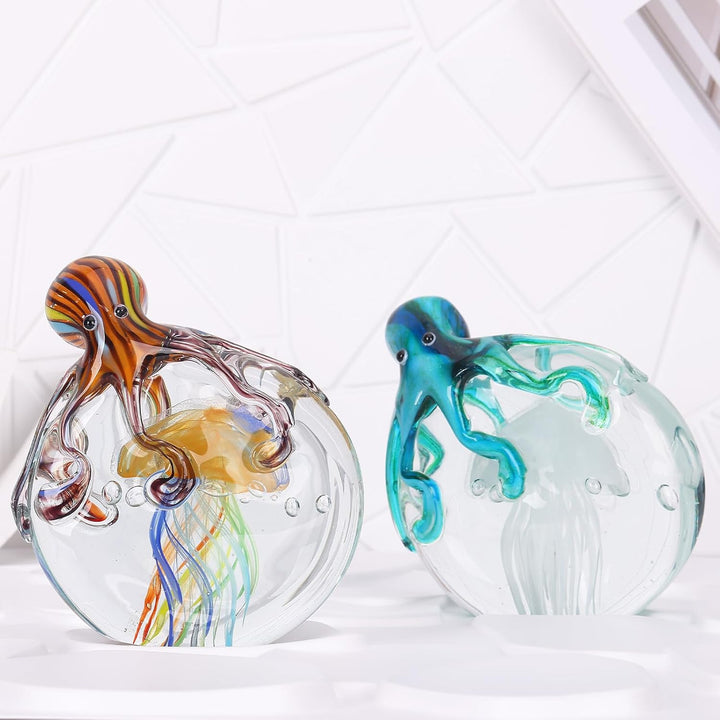 LCCCK Glas-Oktopus-Quallen-Statue – mundgeblasenes Glasdekor – Ozean-Figuren – Büro-Schreibtisch-Bri