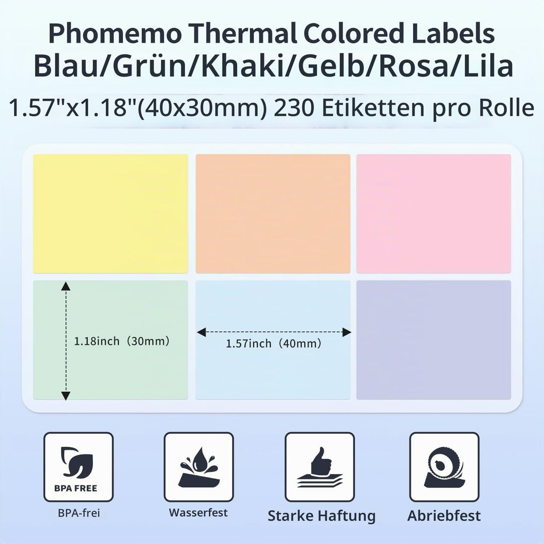 Phomemo M110/M220/M221/M200/M120 Farbige Selbstklebende Etiketten 40x30mm(1.57" x 1.18"), 6 Rollen F