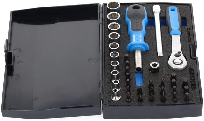 GEDORE Steckschlüsselsatz, Set 37tlg, 6-kant, 1/4 Zoll, Werkzeug, Knarre Umschalthebel Bits, für KFZ