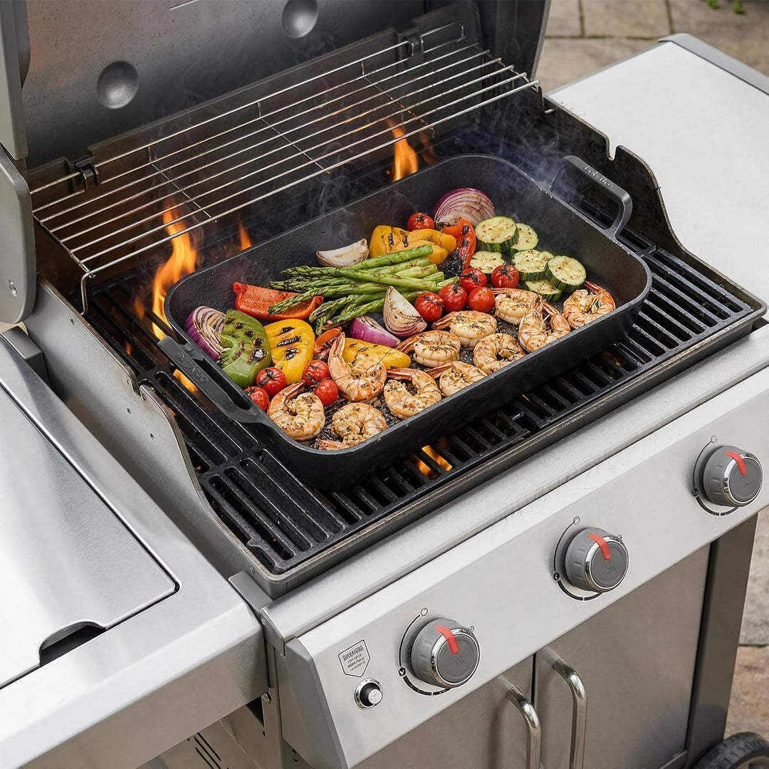 Onlyfire Gusseisen Bräter Rechteckig mit Deckel, 42cm XL Schmortopf, Induktionsgeeignet Gänsebräter
