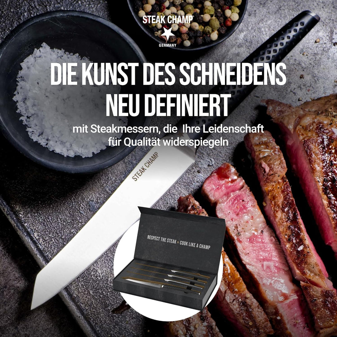 Steakchamp Steakmesser Prime Rib: 4 Steakmesser aus Klingenstahl, Rutschfeste Griffe, Elegantes Desi