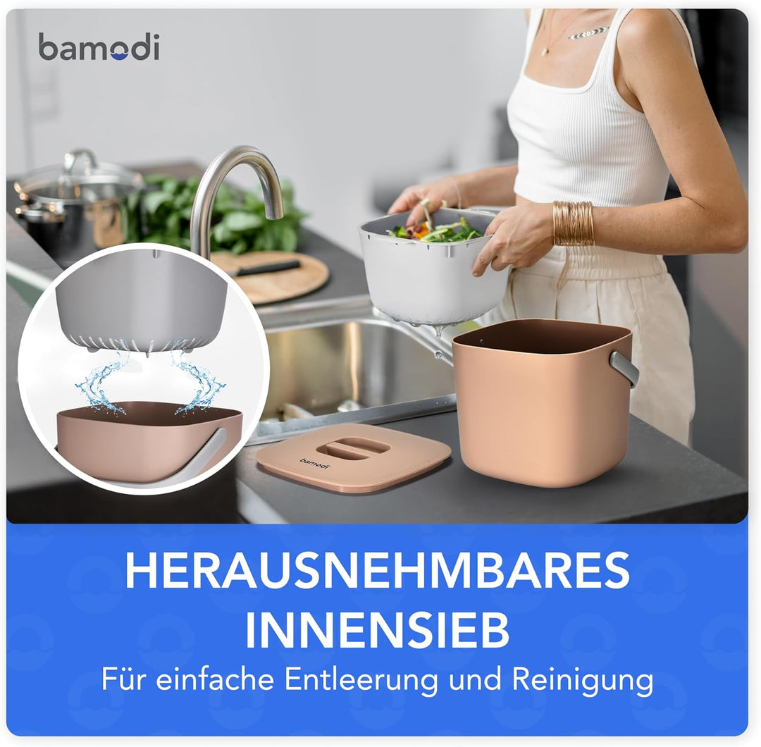 Bamodi Organic Bin 7L Peach mit Deckel und 2 Fächer - Bio-Abfalleimer für die Küche für den tägliche