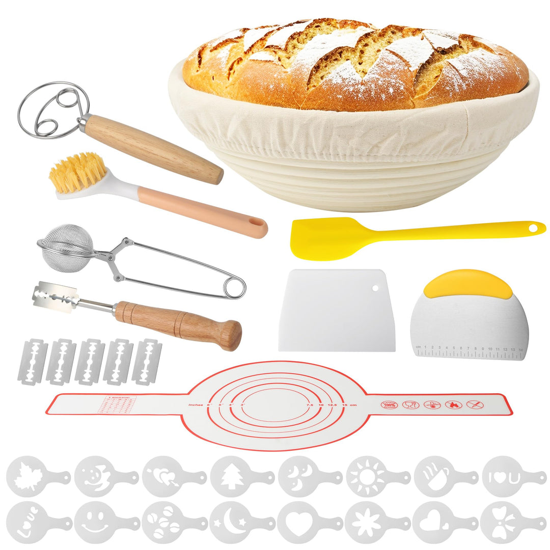 10-teilig Gärkorb Brot Set, 23cm Gärkörbchen zum Brotbacken, Sauerteig Starter Set, Einschliesslich