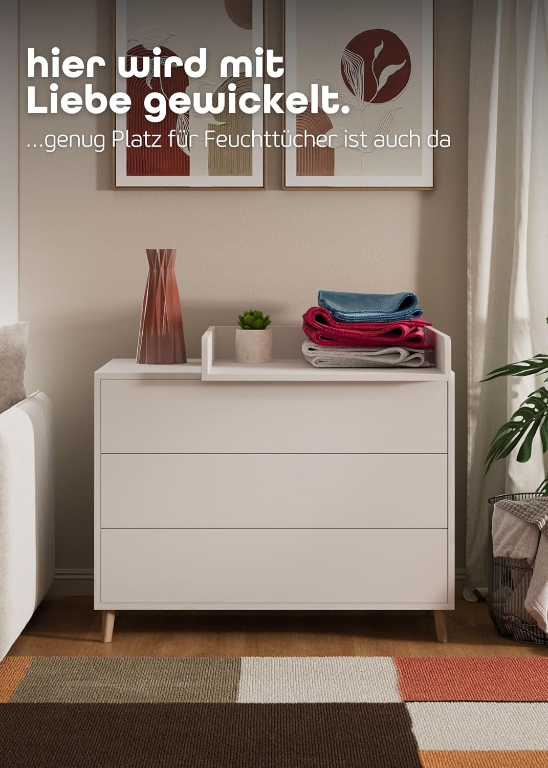 Sämann Wickelkommode EDEN – Push-to-Open, Touch-Close, abnehmbarer Wickelaufsatz & Schubladen mit Fä
