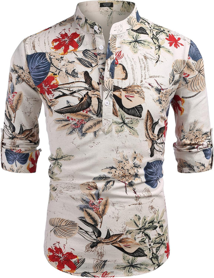 COOFANDY Herren Hemd Langarm Henley Shirt Leinenhemd Baumwolle Casual Regular Fit Sommerhemd S Khaki