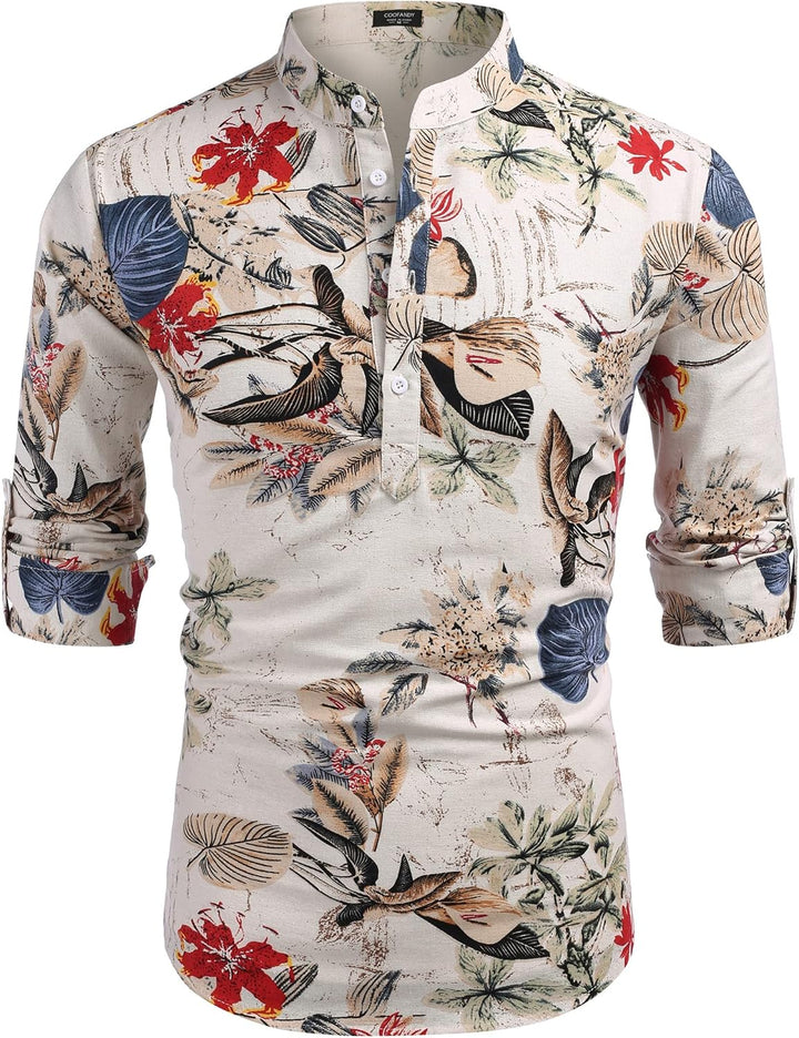 COOFANDY Herren Hemd Langarm Henley Shirt Leinenhemd Baumwolle Casual Regular Fit Sommerhemd S Khaki