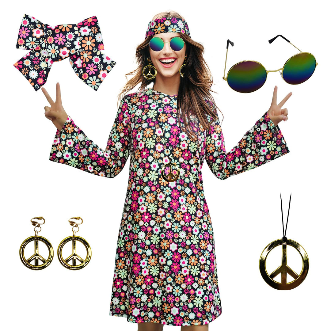 Damen-Hippie-Kleid, 1970er-Kostüm, mit Halskette, Ohrringen, Sonnenbrille, Disco-Outfit, 1960er-Part