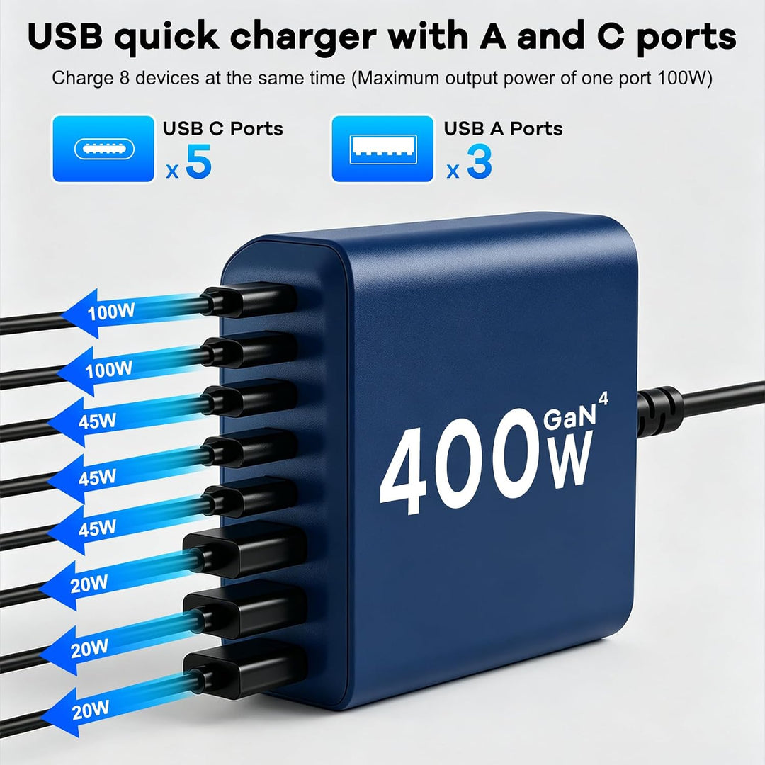 400W USB C Ladegerät Mehrfach, GaN IV 8 Ports USB Ladegerät Mehrfach, 400W 8-Port Schnellladegerät K