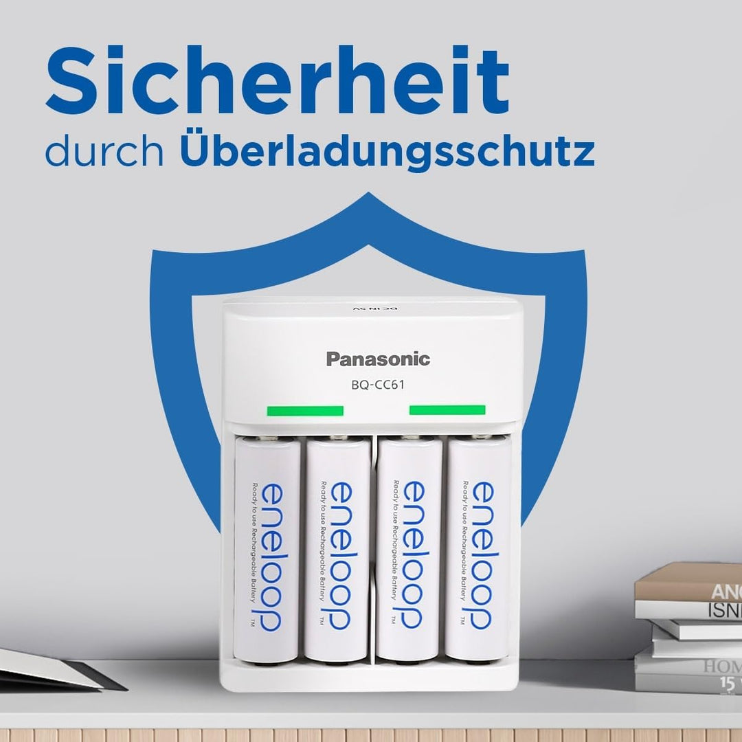 Panasonic eneloop Basic USB Ladegerät für 2oder4 AA/AAA NI-MH-Akkus, 6 Sicherheitsfunktionen, MicroU