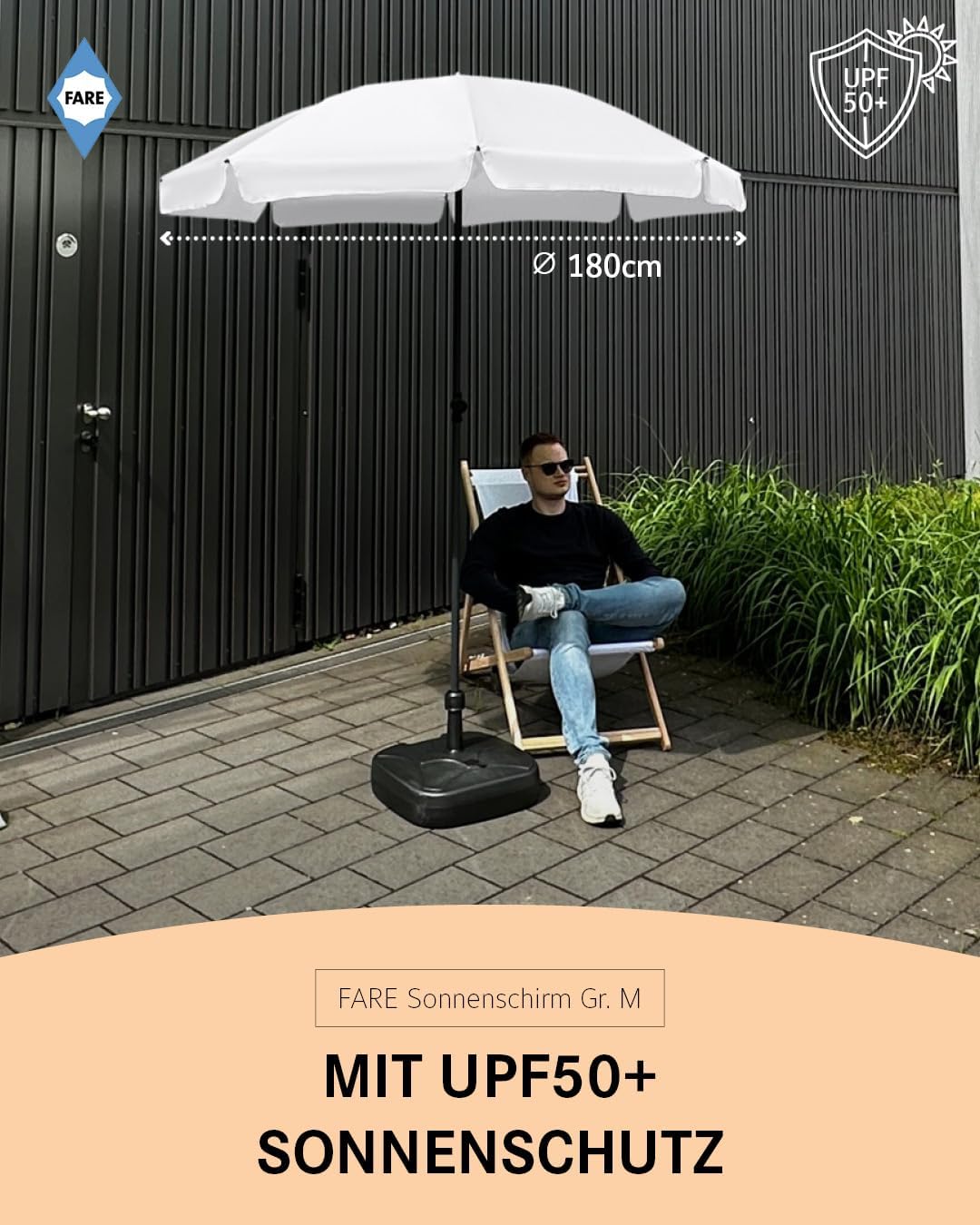 FARE Sonnenschirm Gr. M mit Volant - 180 cm Durchmesser - UV-Schutz 50+ für Balkon Garten Terrasse S