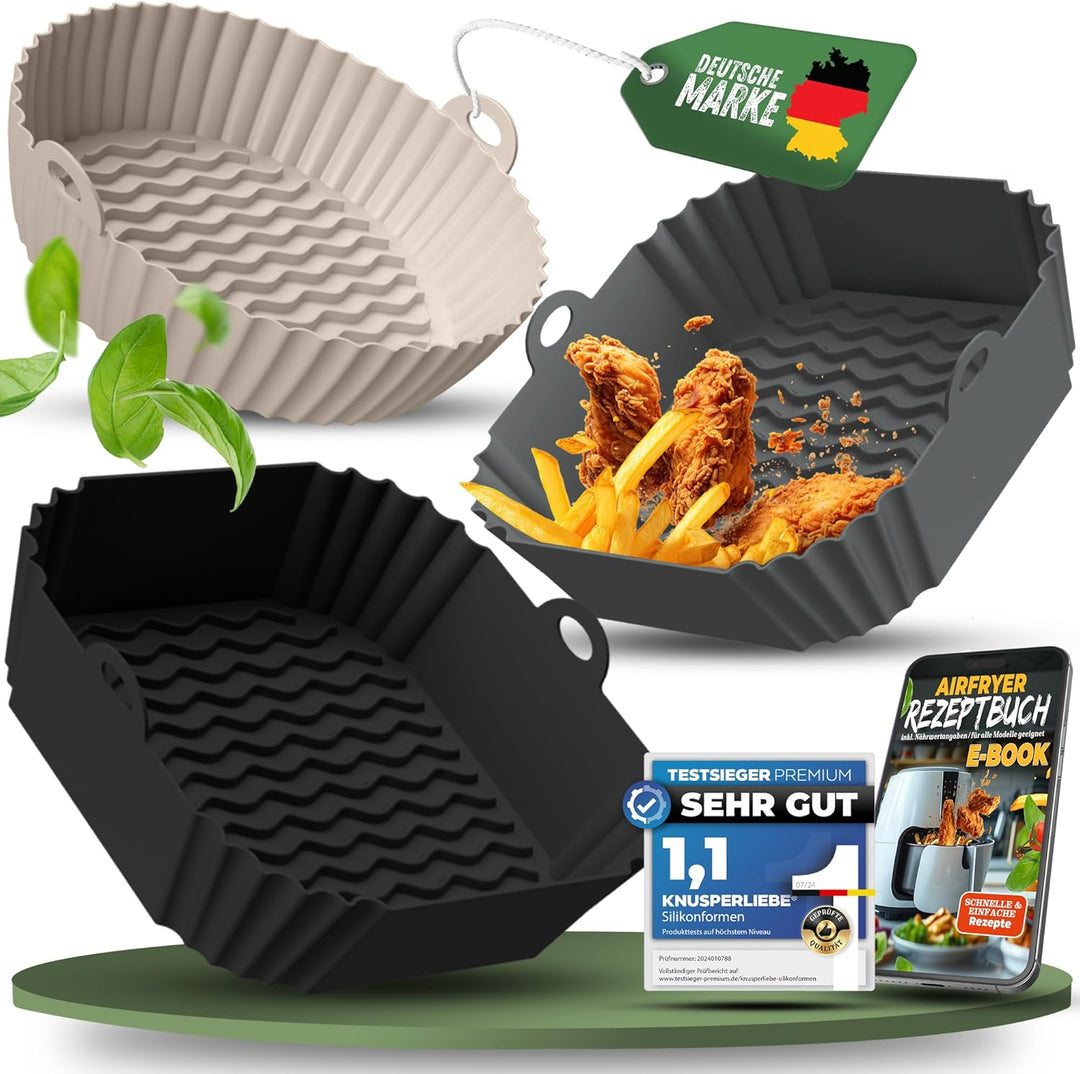 KNUSPERLIEBE® 3er SET Silikonform für Heissluftfritteuse Zubehör | Silikoneinsatz für Airfryer, Spül