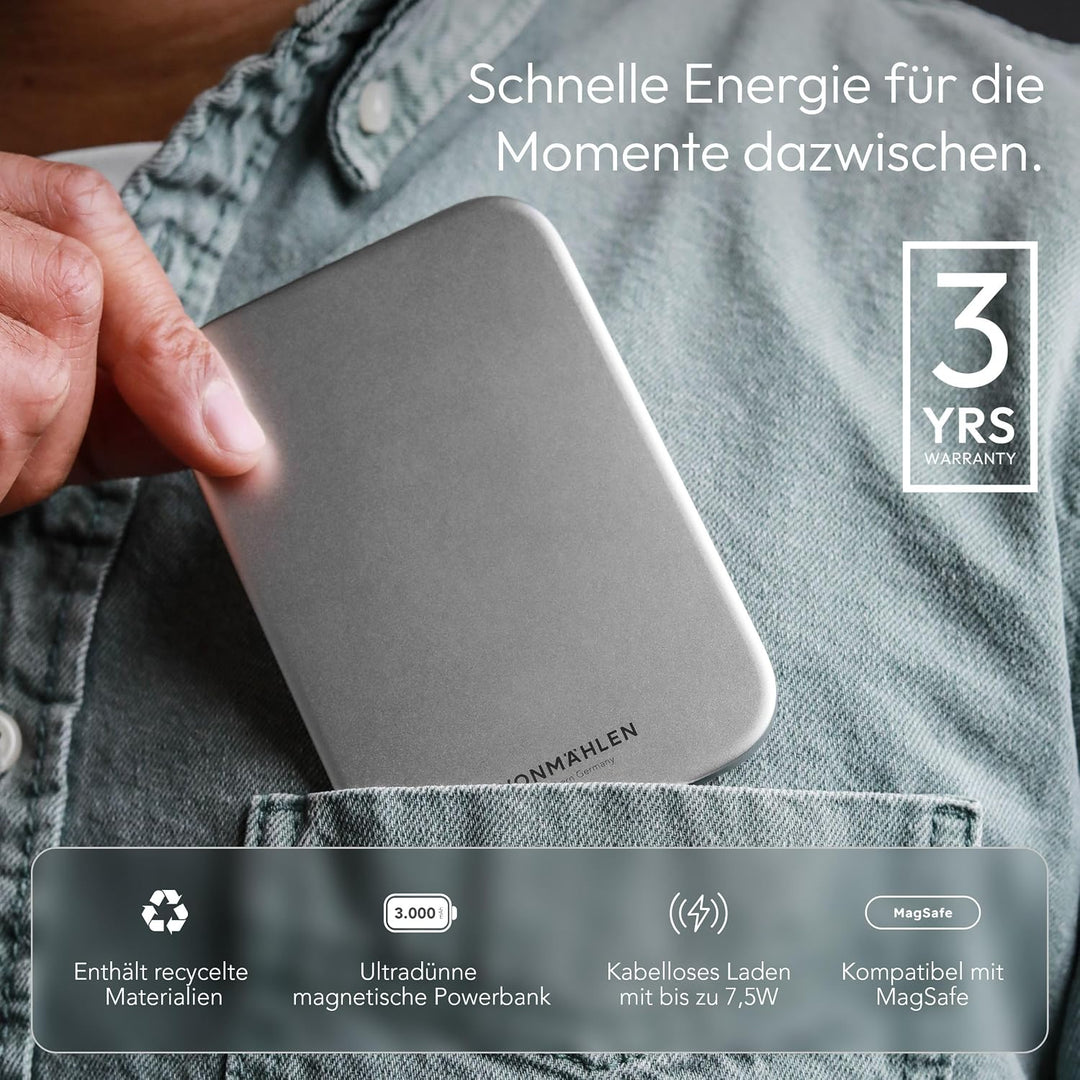 VONMÄHLEN Evergreen Mag - Wireless Powerbank kompatibel mit MagSafe - Tragbares Ladegerät mit 3000mA