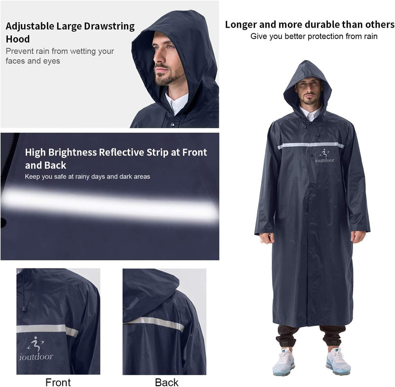 ioutdoor Regenmantel 100% Wasserdicht, der Extra Lange Regenschutz mit Taschen/Reflexstreifen/Kordel