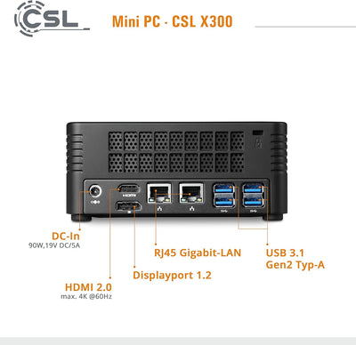 Mini PC CSL X300 Windows 11 Pro, AMD Ryzen 5 5600G 6x3900 MHz, 1000 GB M.2 SSD, 16 GB DDR4-RAM, Rade