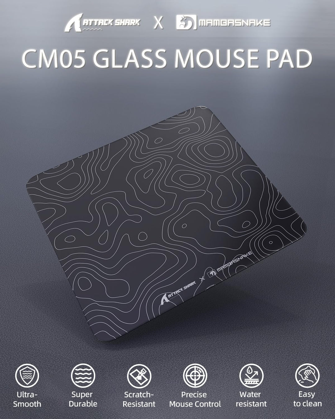 MAMBASNAKE x ATTACK SHARK CM05 Contour Glass Hard Gaming Mousepad,Nano-Micro-Etched Texture,Smooth G