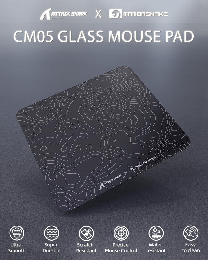 MAMBASNAKE x ATTACK SHARK CM05 Contour Glass Hard Gaming Mousepad,Nano-Micro-Etched Texture,Smooth G