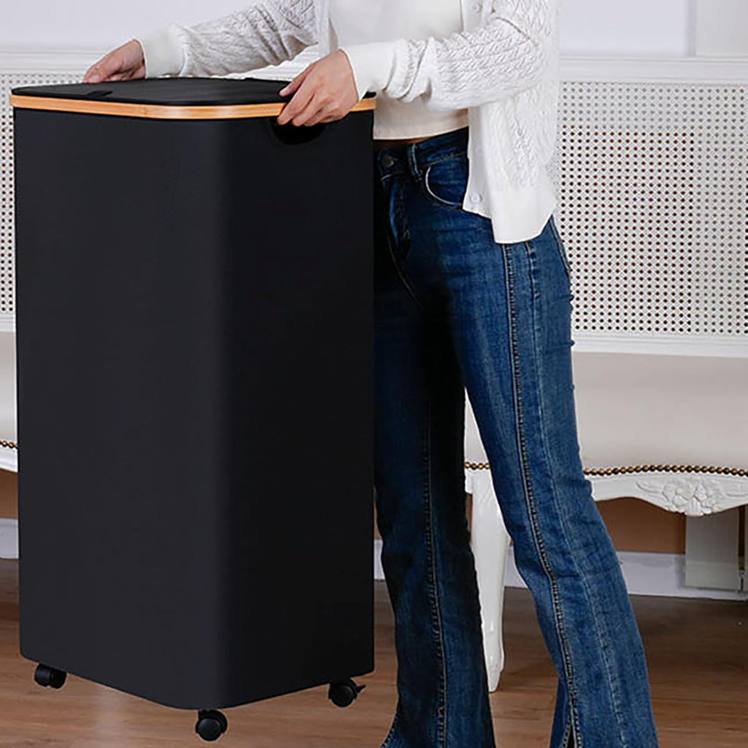 Bambus Wäschekorb 110L mit Rollen und Deckel, faltbare Wäschebox für Bad und Schlafzimmer (BLACK) Sc