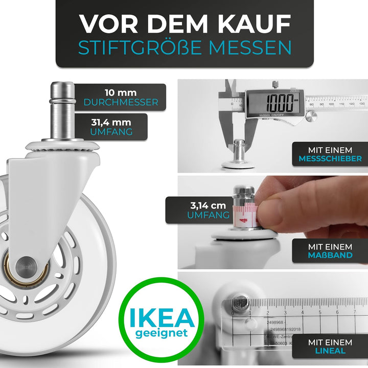 Bürostuhlrollen 5er Set in Weiss – Geräuscharme Hartboden-Rollen 10x22mm – Nie wieder Bodenschutzmat