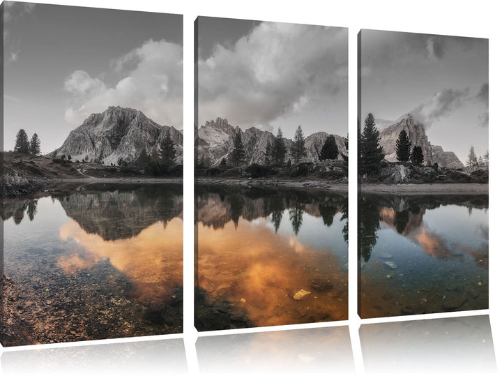 Pixxprint Bunte Dolomiten am See Limides B&W Detail 3-Teiler Leinwandbild 120x80 Bild auf Leinwand